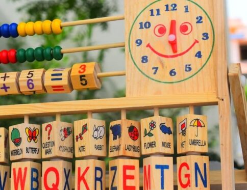 Abacus Learning Frame for Math Calculations with Beads, Clock, and Picture