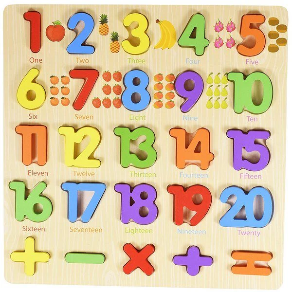 Wooden Numbers Puzzle Board With Printed Pictures for Kids