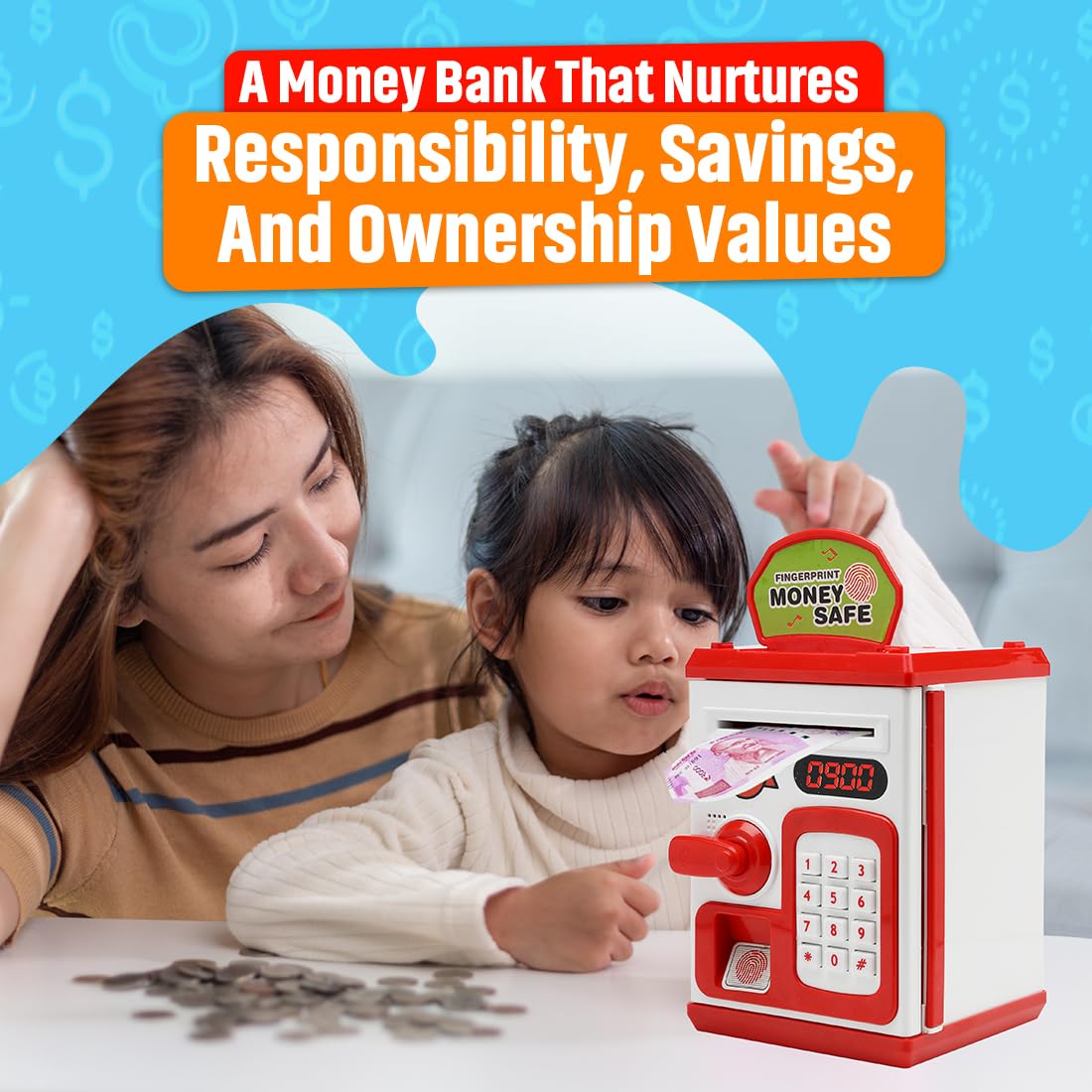 Money Bank for Kids with Fingerprint Sensor and 3-Step Safe Password Protection – 3X AA Battery Not Included (Random Colour will be Shipped)