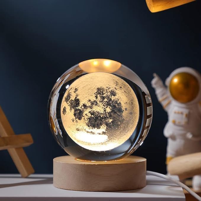 Galaxy 3D Crystal Ball LED Night Light with Wooden Base & USB Table Lamp